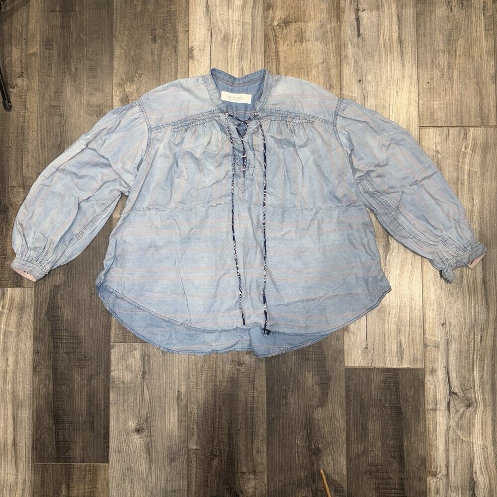 We the Free People Stripe Peasant Boho‎ Lace Up Shirt Relaxed Blue Pink Size S